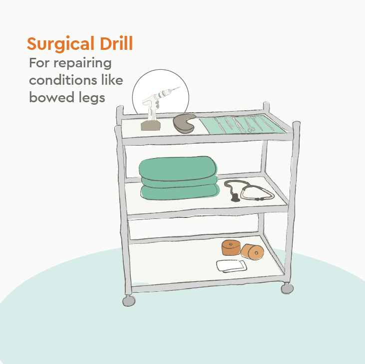 Illustration of a surgical drill resting on a medical supply cart, emphasizing the surgical drill tool.