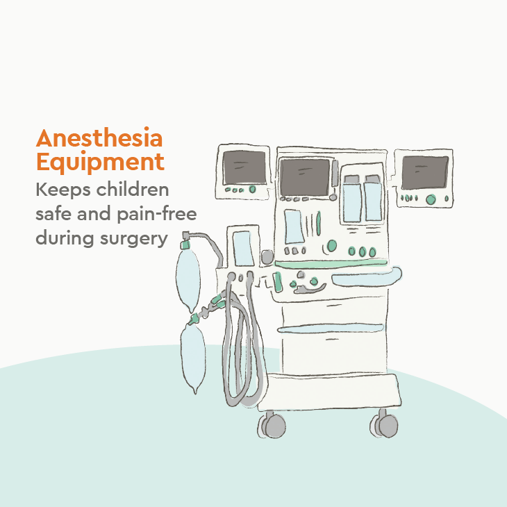 Illustration of an anesthesia machine with multiple screens, dials, tubing, and breathing bags.