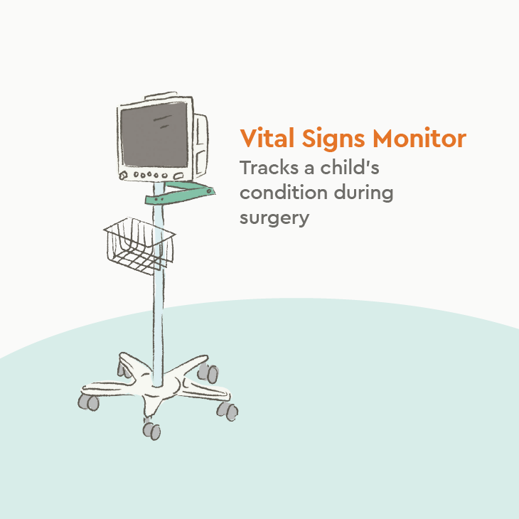 Illustration of a portable vital signs monitor on a rolling stand, used to track patient condition.